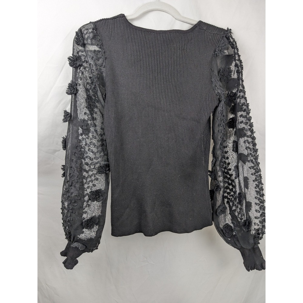 Black Sheer Mesh Top Blouse 3D Floral Balloon Sleeve XS Whimsigoth Fairy Grunge - Picture 6 of 7